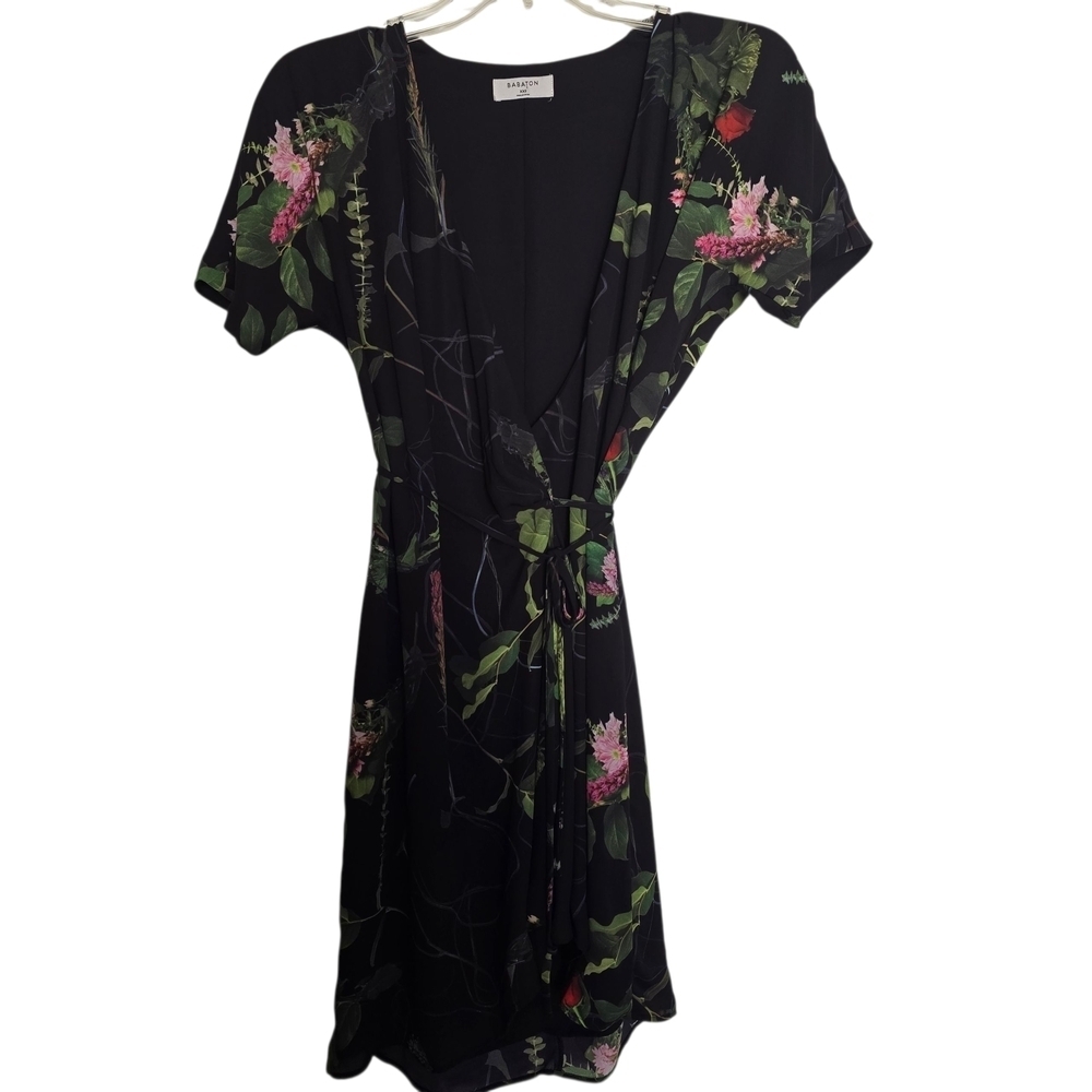 Babaton Black Wrap Dress with Floral Design